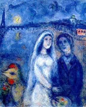 Newlyweds with Eiffel Towel in the Background contemporary Marc Chagall Oil Paintings